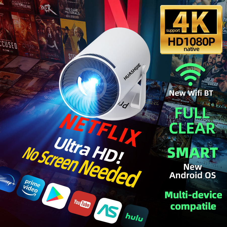 Home Cinema Projector Screen - 4K home theater projector, built-in WiFi,